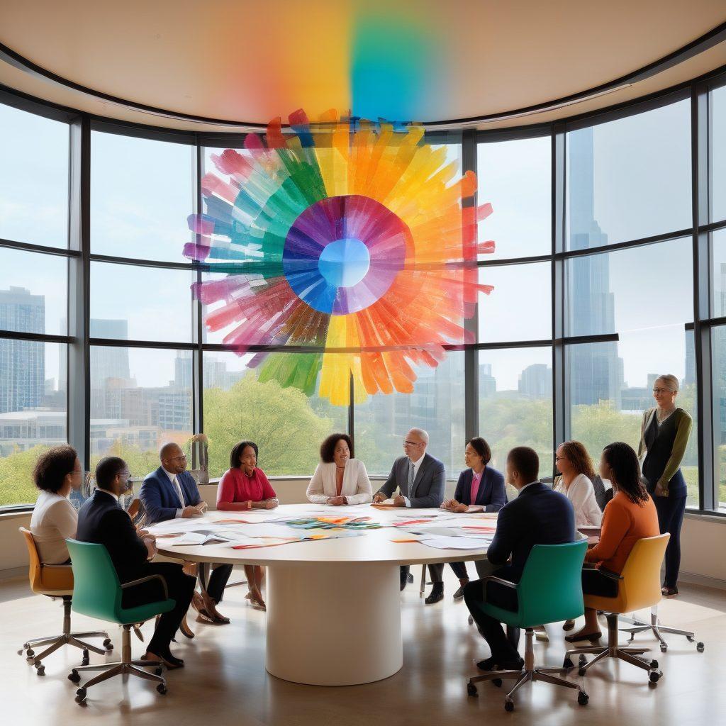A diverse group of community members collaborating around a table, showcasing documents and resources related to careers and insurance, with a backdrop of a modern building symbolizing growth and partnership. Incorporate elements representing inclusivity and community spirit, such as rainbow symbols or decorations. Warm lighting to evoke a sense of hope and collaboration. super-realistic. vibrant colors. bright cheerful atmosphere.