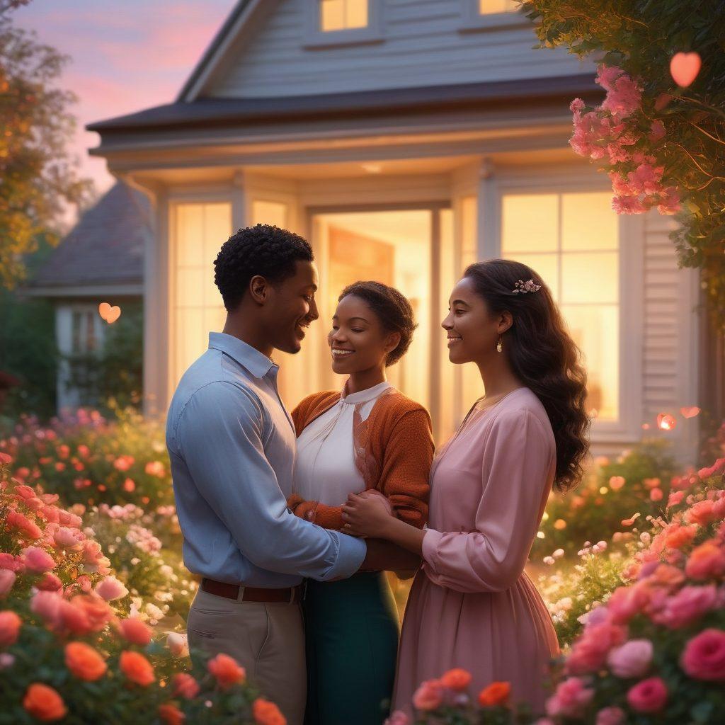 A visually striking representation of two diverse couples sharing a loving moment outdoors, surrounded by symbols of security like floating hearts and shield icons, emphasizing trust and protection in a relationship. Soft, warm lighting to create an inviting atmosphere with colorful flowers in the background. Illustrate elements of insurance services subtly integrated within the scene, like documents or a cozy home, reflecting a sense of safety and partnership. super-realistic. vibrant colors. soft focus.