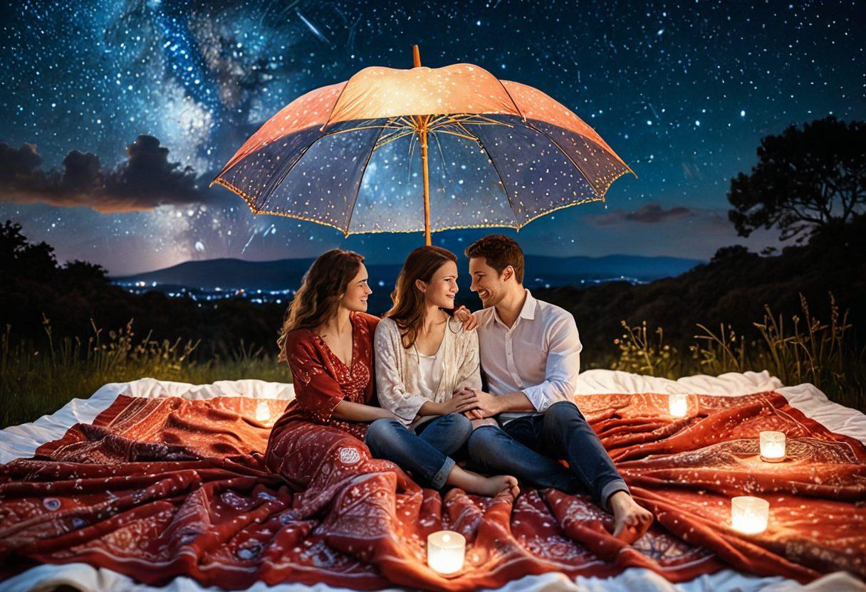A cozy, romantic scene depicting a couple sitting on a soft, heart-patterned blanket under a starry night sky, surrounded by symbols of protection like an umbrella and various insurance icons. They are smiling and holding hands, showing assurance and happiness in their partnership, with a subtle glowing aura around them. Super-realistic. Warm colors. Soft focus.